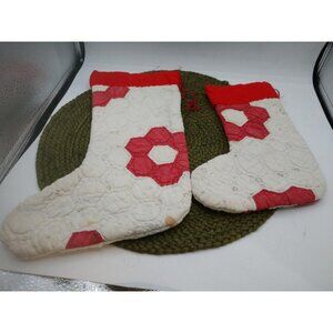 Vintage Handmade Quilted Christmas Stockings Red & White Hexagon Pattern